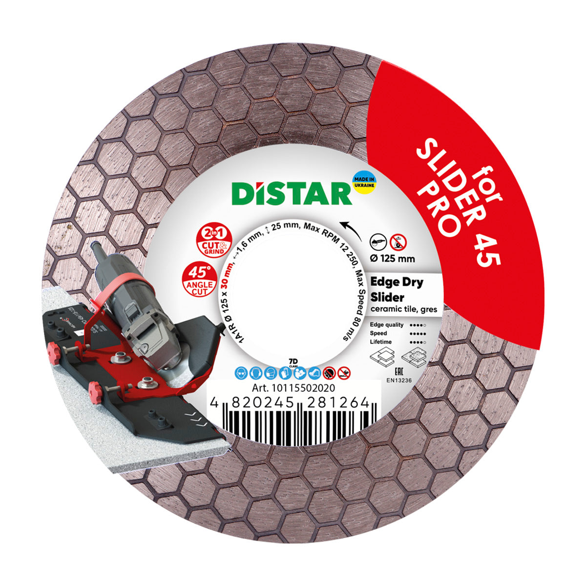 Diamond blade for tile saw with a hexagon pattern, branding by Distar, designed for cutting ceramic and porcelain gres.