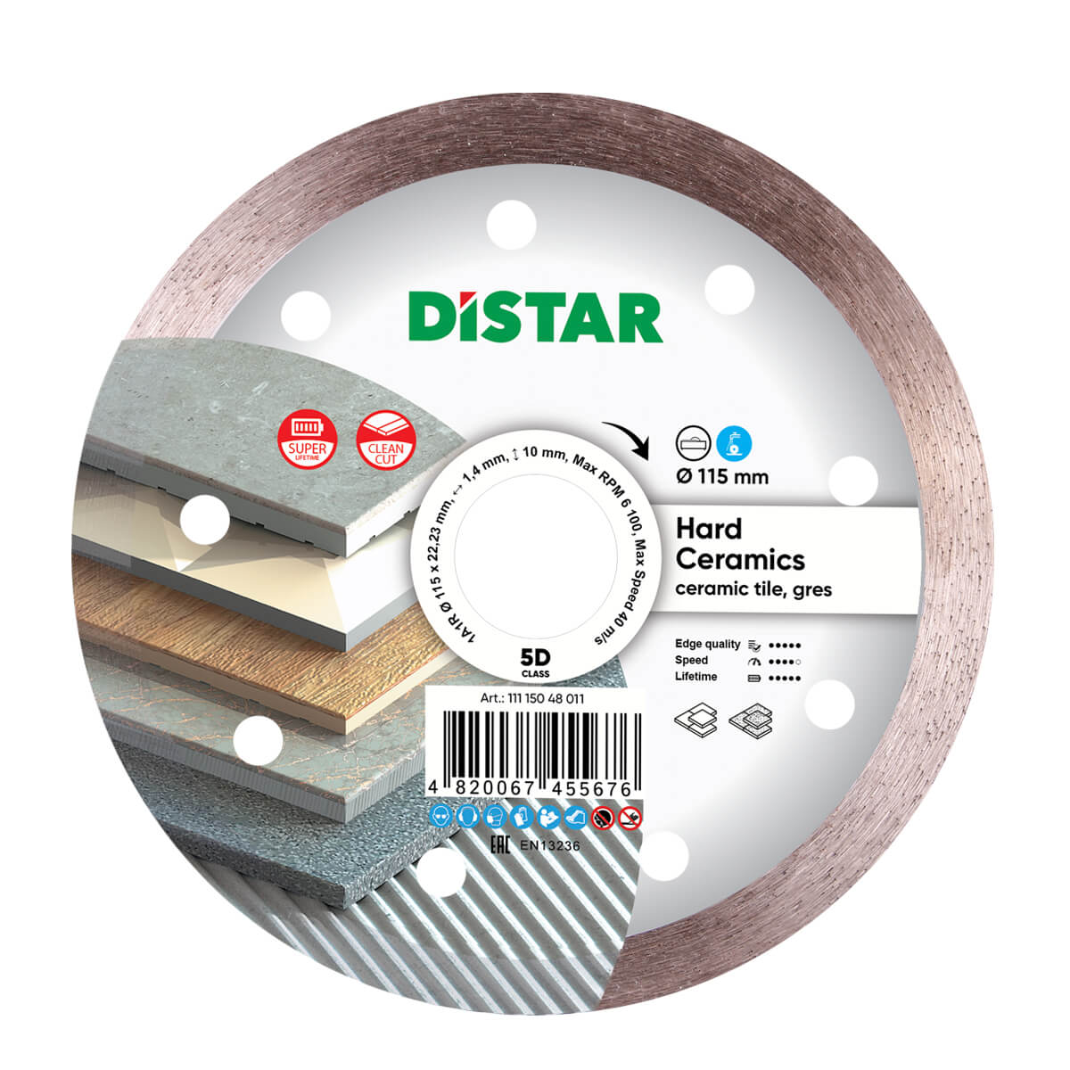 Disc sander with 'DISTAR' branding and images of ceramic tiles on a white background