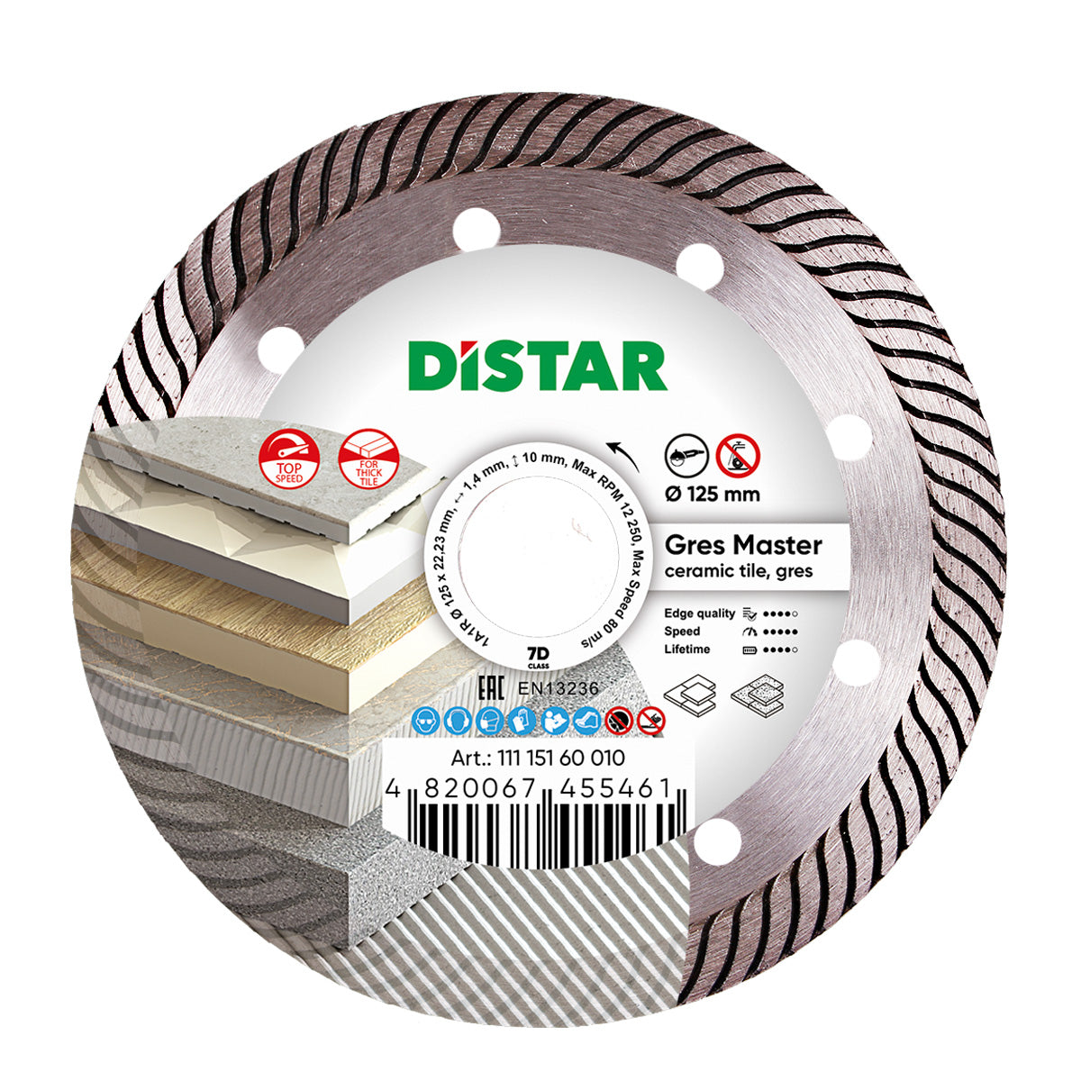 A diamond blade with the brand name Distar, marked as Gres Master, with involute turbo grooves, designed for cutting ceramic and porcelain gres tiles.
