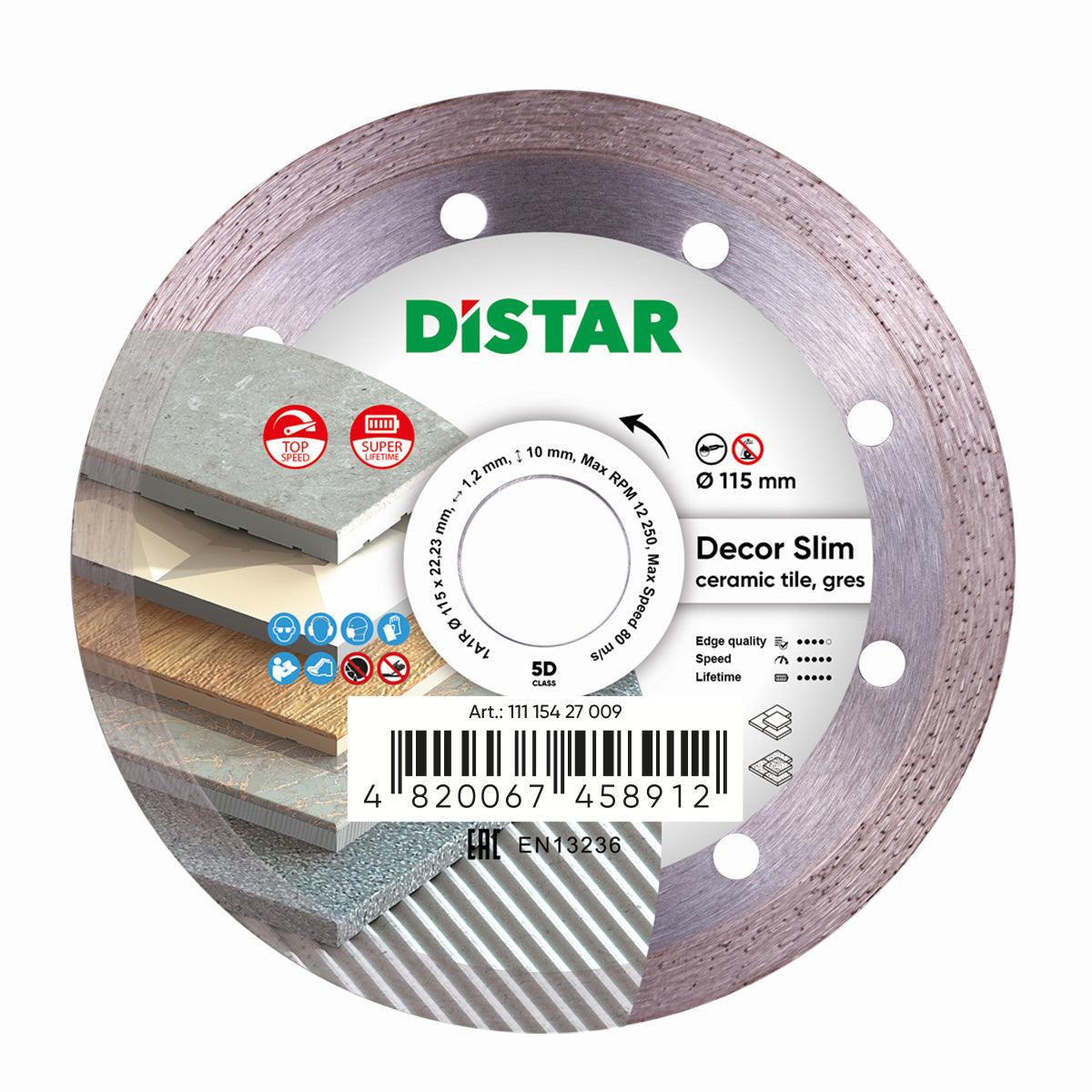 Diamond blade with the brand name DISTAR, model DECOR SLIM 5D, diameter 115 mm, with an image of tiles on the blade surface, indicating its use for cutting ceramic and porcelain tiles.