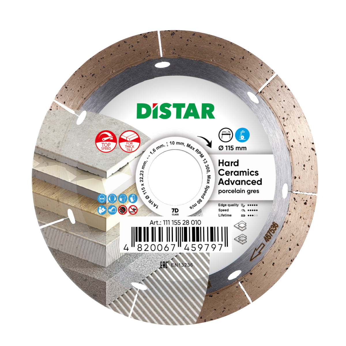 A Distar brand diamond cutting disc for ceramics and porcelain gres, with a size of 115mm, designed for use with water-cooled systems. The image shows the disc, some tiles, and the text detailing the product specifications.