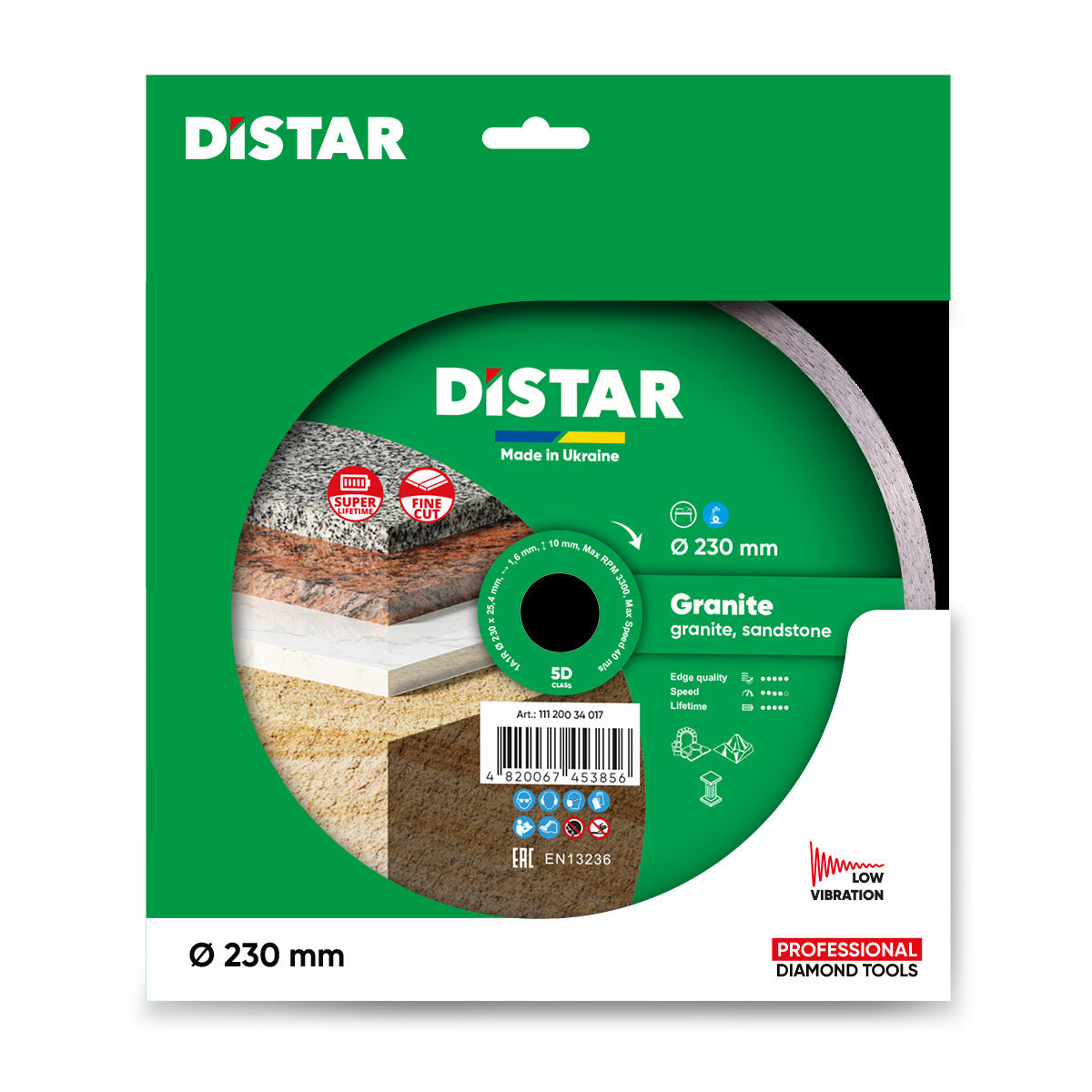 Distar diamond blade packaging for granite on a white background