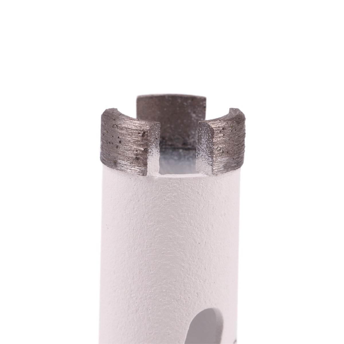 Close-up of a diamond core drill bit on a white background