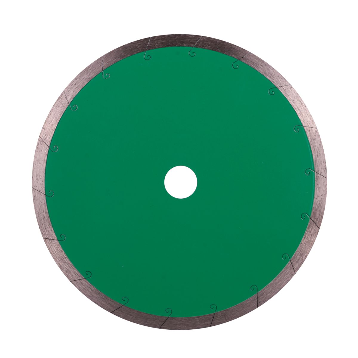 Green circular saw blade with a white center on a white background