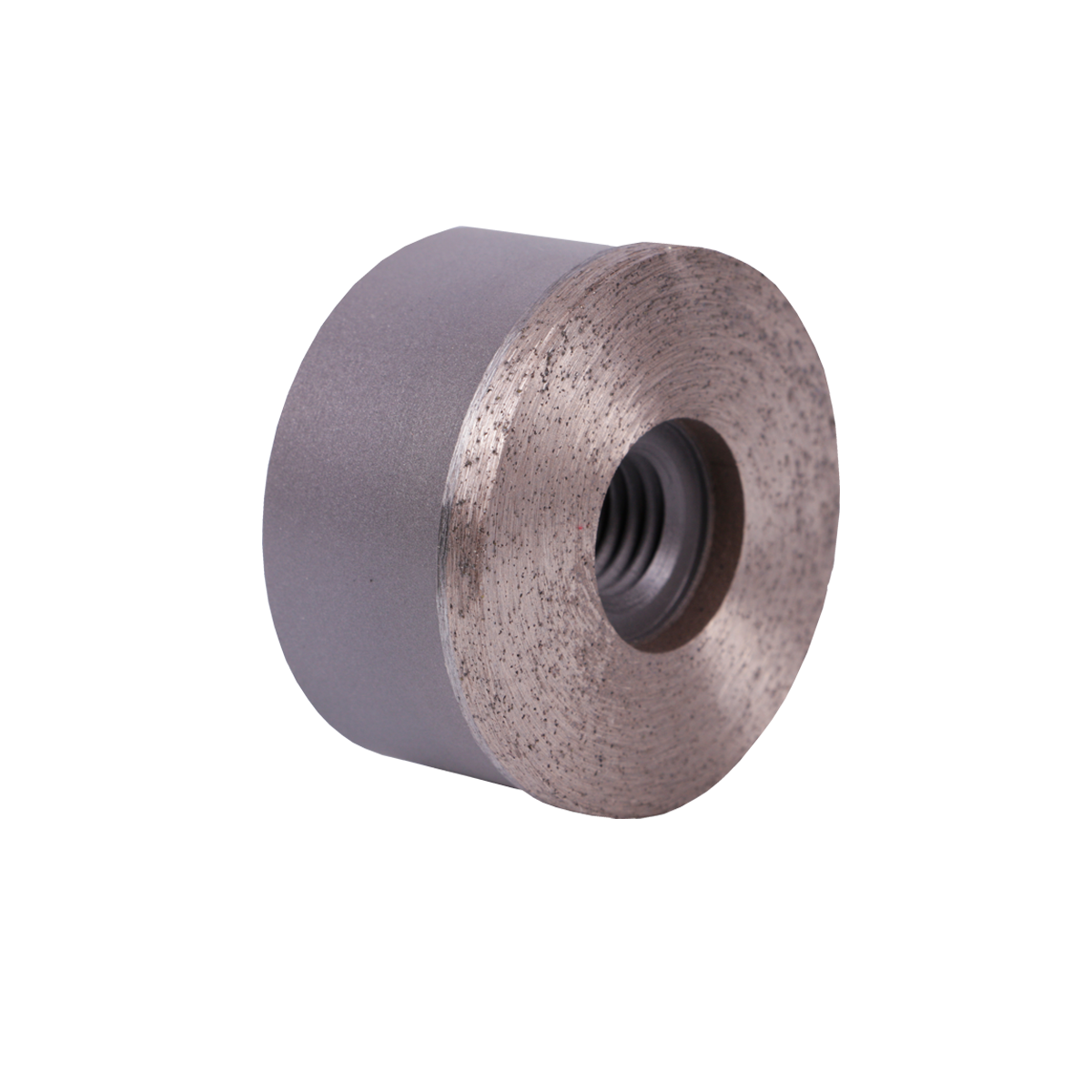 A silver-colored diamond grinding nut with a threaded end, designed for use with angle grinders in masonry and ceramics grinding.