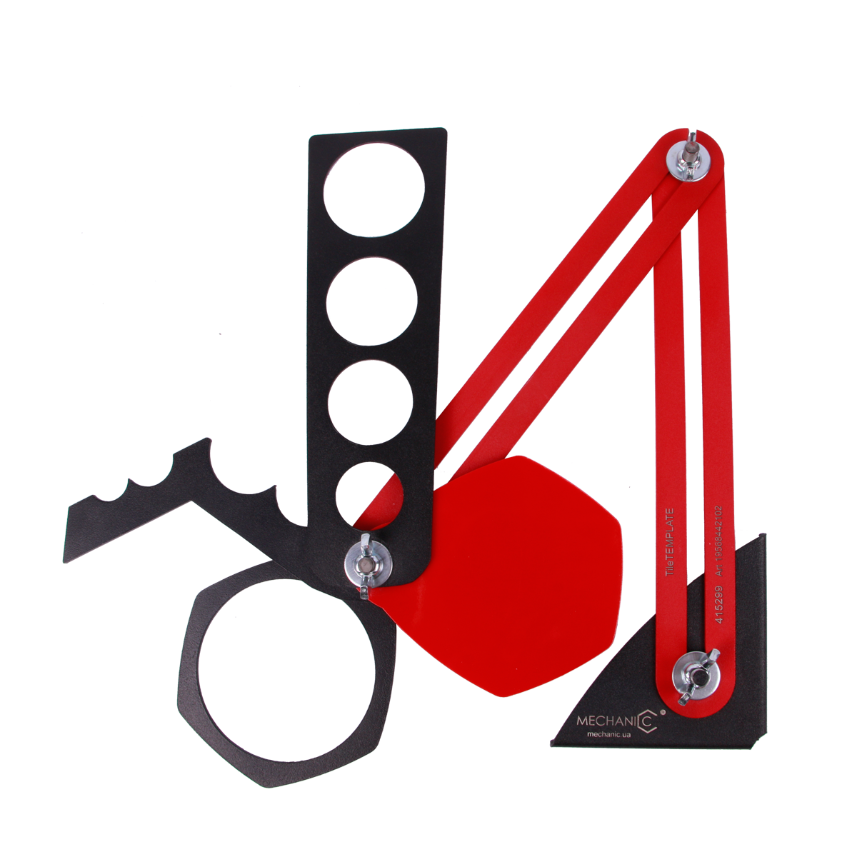 A red and black tile marking tool with various holes and a measuring scale.