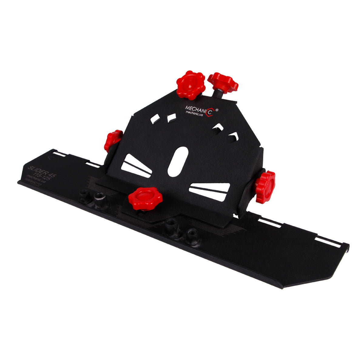 Black angle grinder cutting guide with red plastic screws, designed for 45-degree tile cutting.