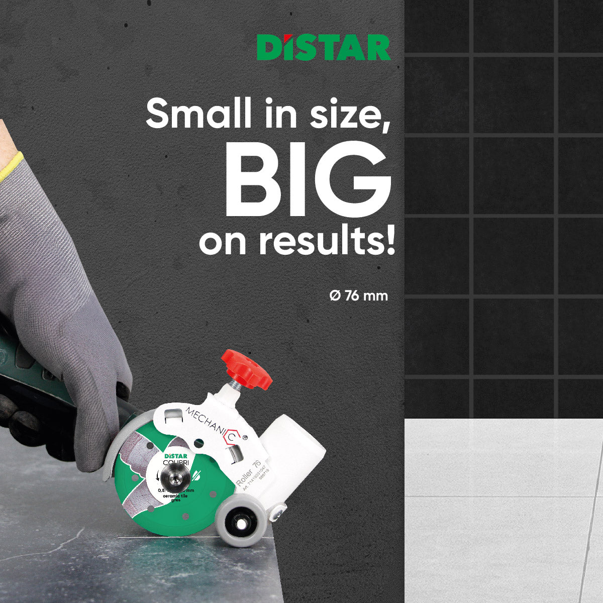 Distar tool with text 'Small in size, BIG on results!' on a tiled wall background