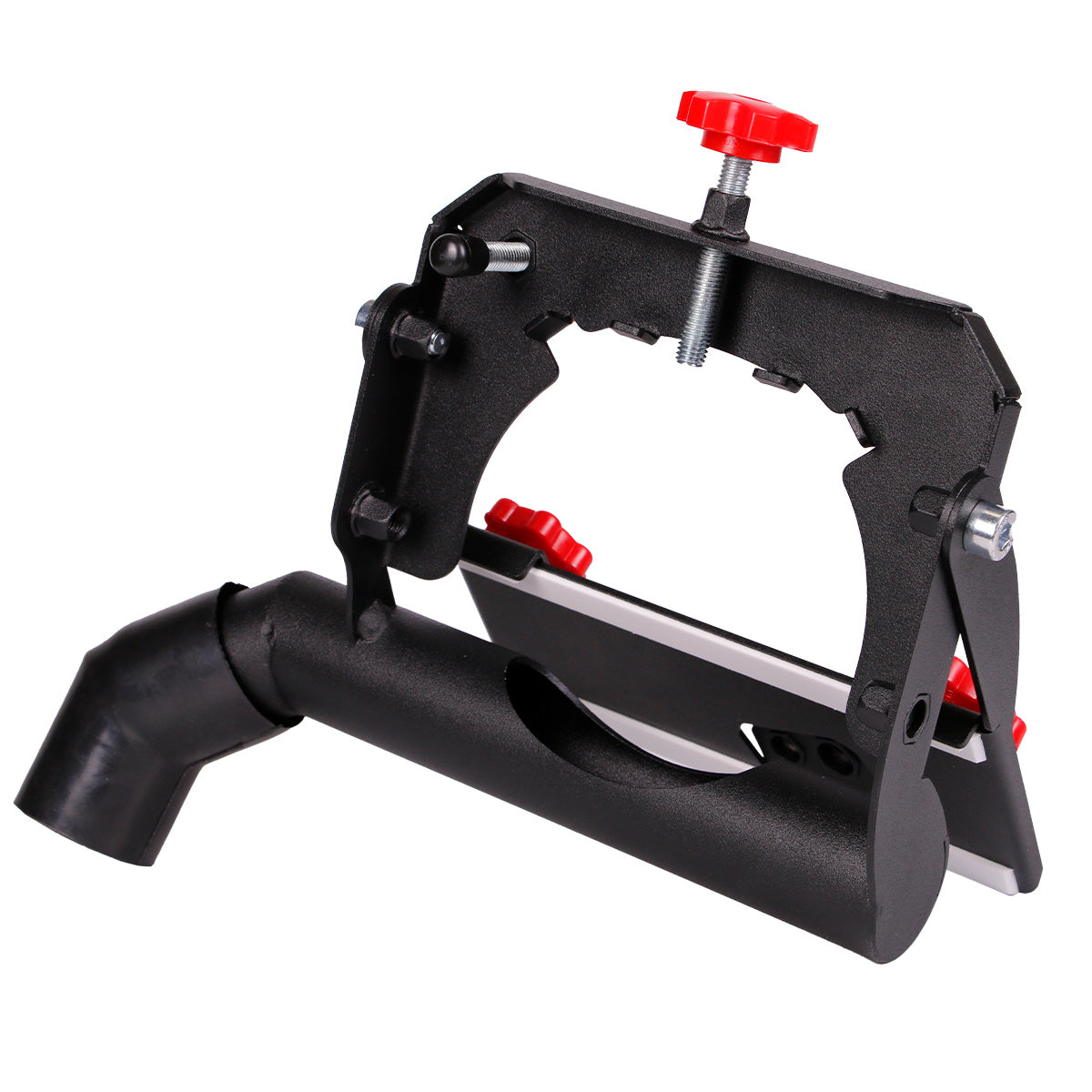 Black angle grinder attachment with red adjustment screws and a nozzle, designed for perfecting edges of ceramic tiles.