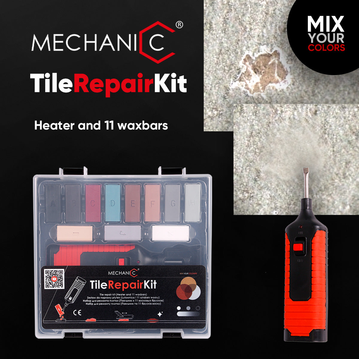 Mechanic Tile Repair Kit with heater and waxbars on a black background