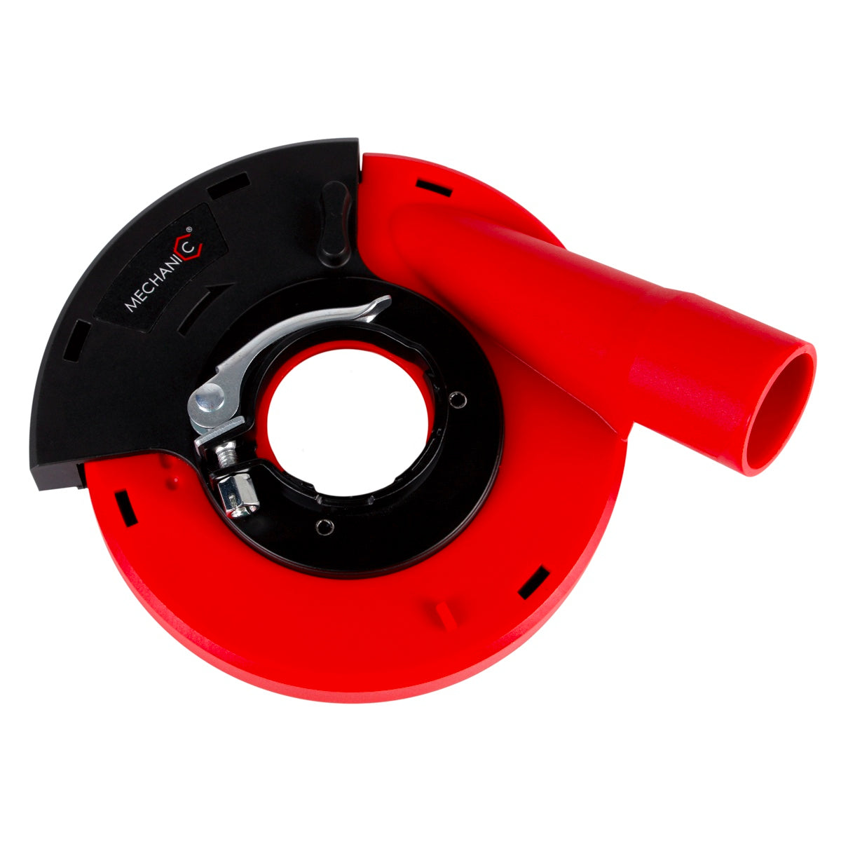 Red and black circular saw blade on a white background