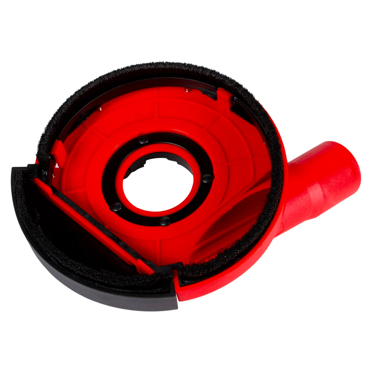Red and black mechanical component on a white background
