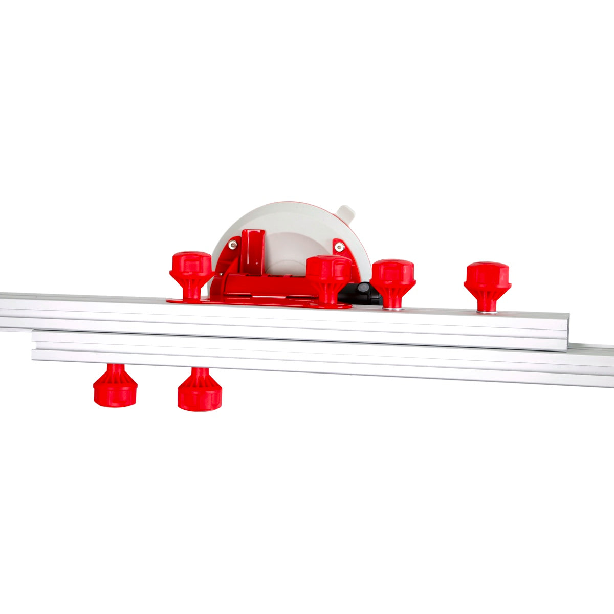 Red circular saw with white base on a white background