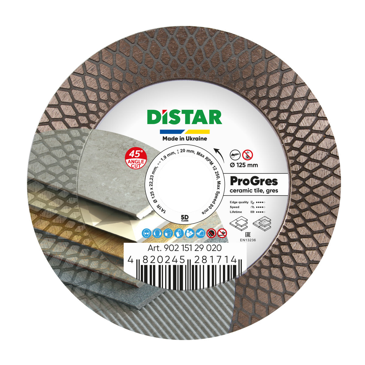 A diamond blade with the brand name Distar and the product line 'ProGres ceramic tile' highlighted, indicating its use for cutting ceramic tiles.