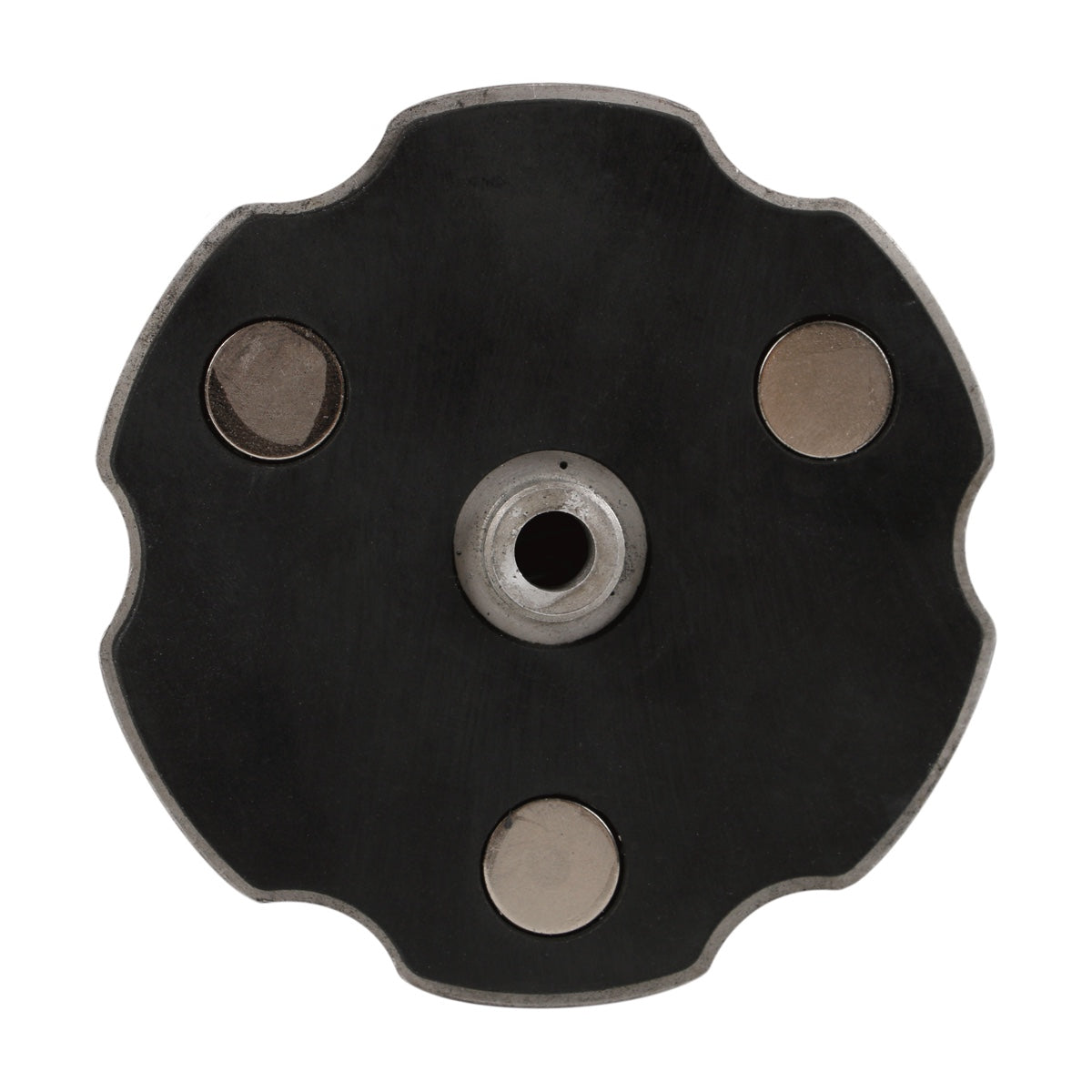 Black metal wheel hub cap with four lug nuts on a white background