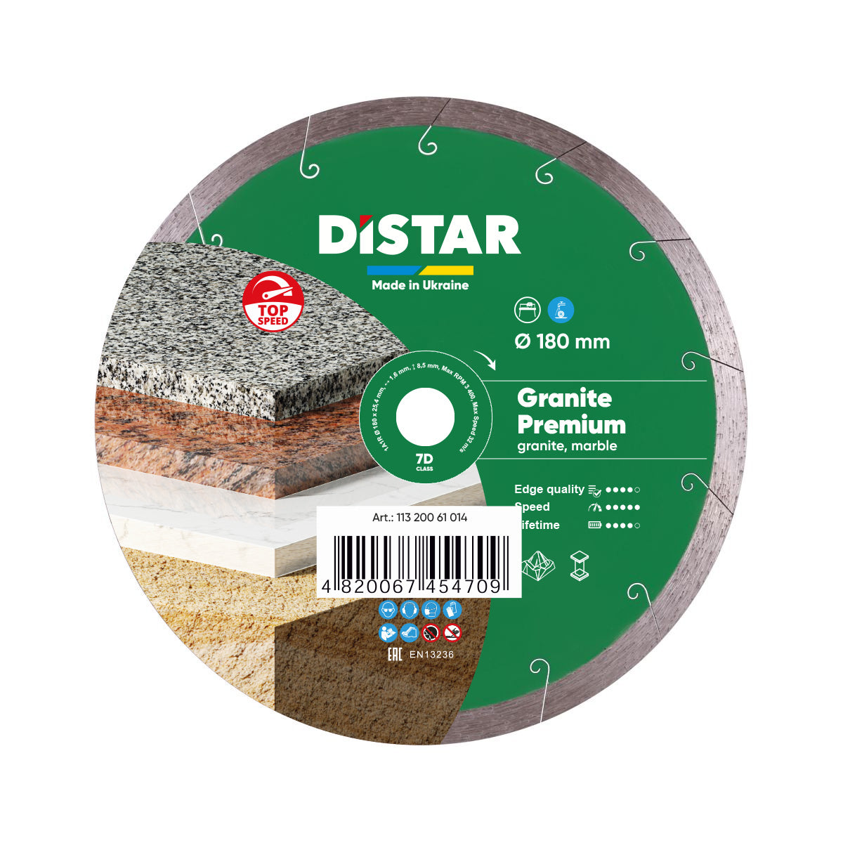 Distar diamond blade for granite and marble with green label and images of stone types.