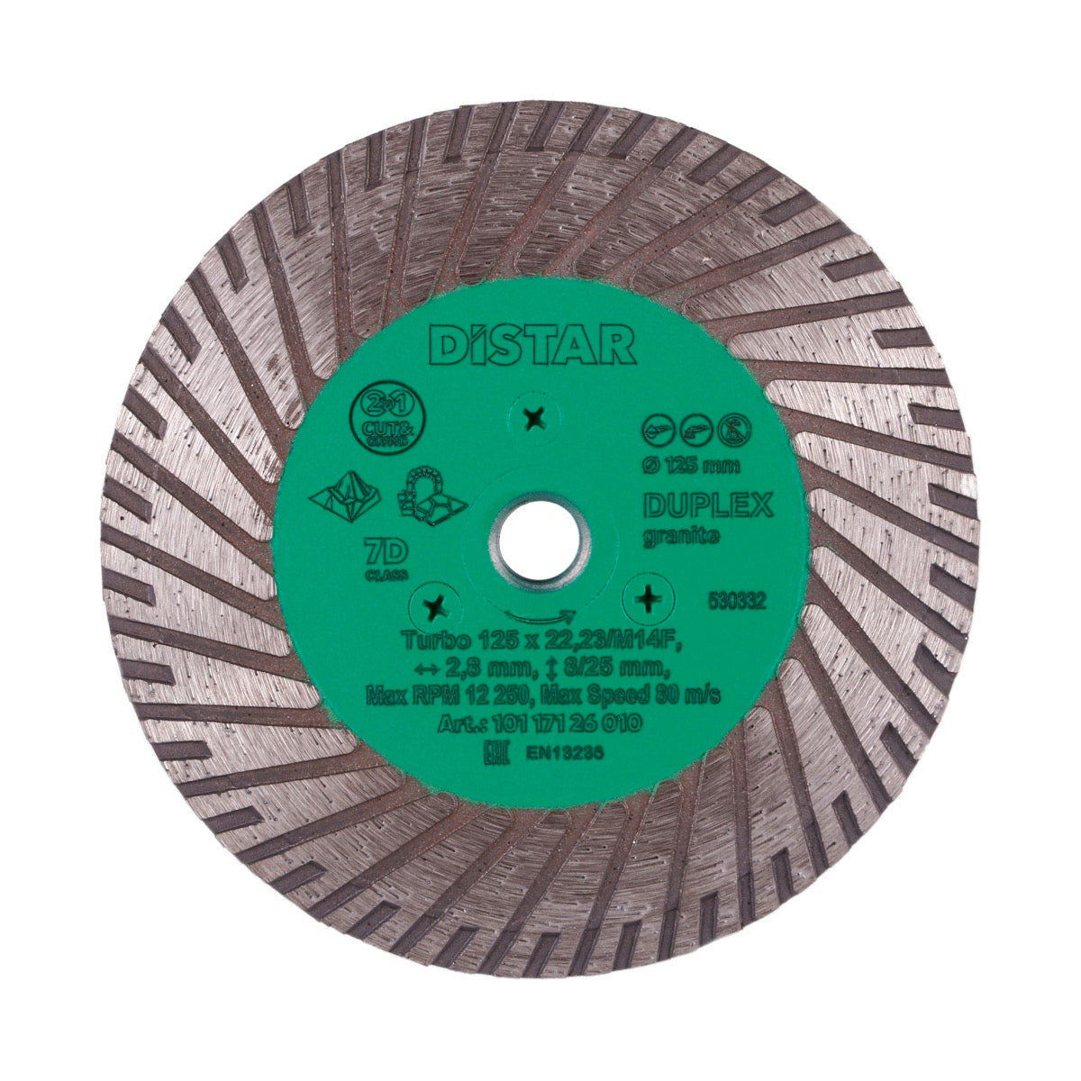 A diamond-coated cutting and grinding blade with green and silver colors, marked with the brand name DISTAR.