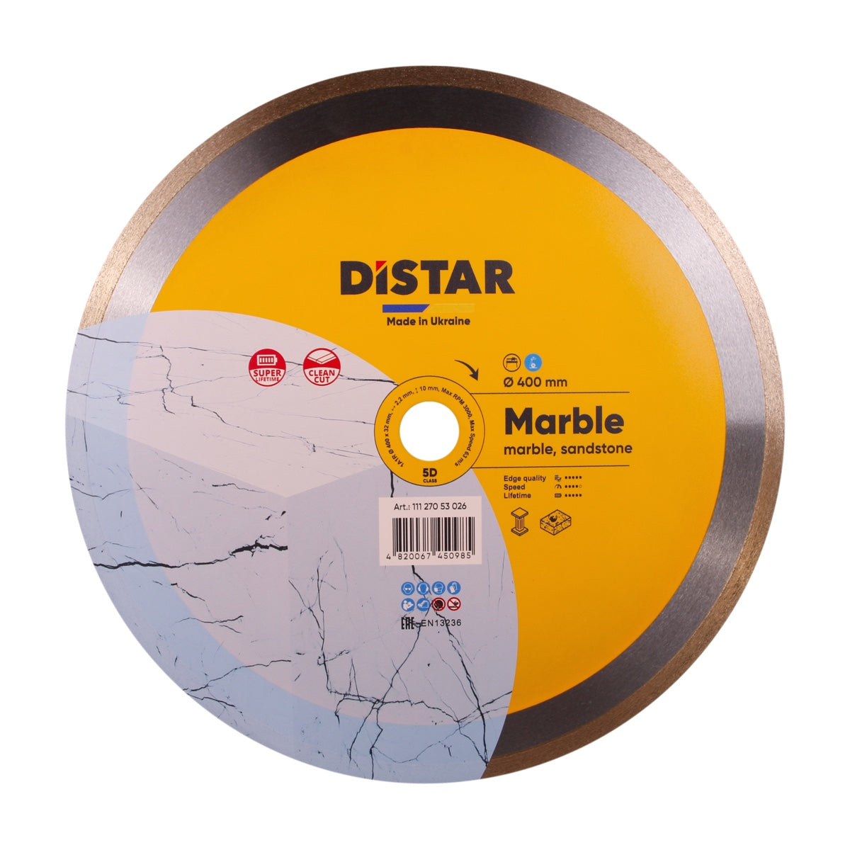A diamond blade with yellow and black color scheme, designed for cutting marble and other natural stones.