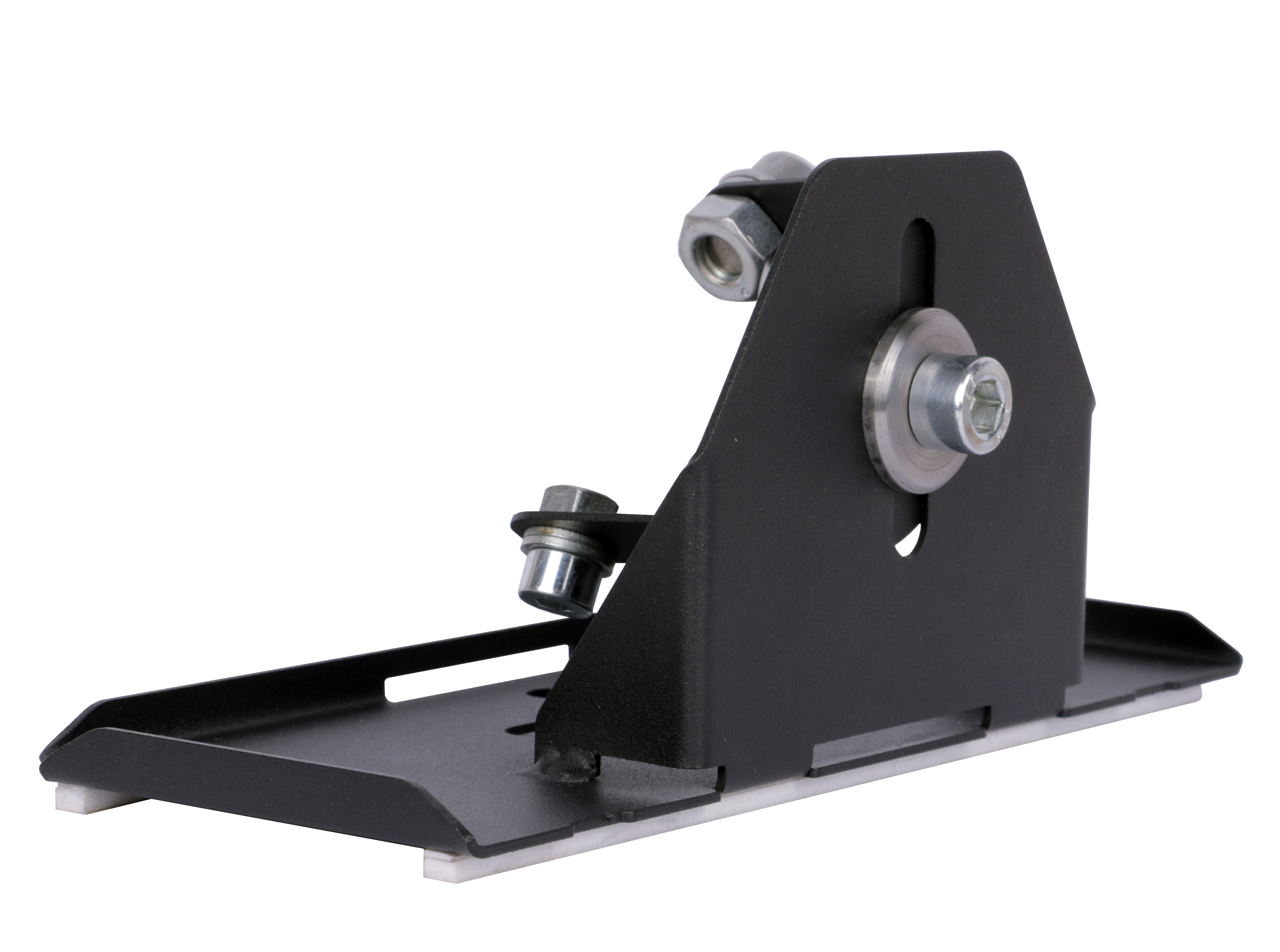 Black metal bracket with bolts on a white background