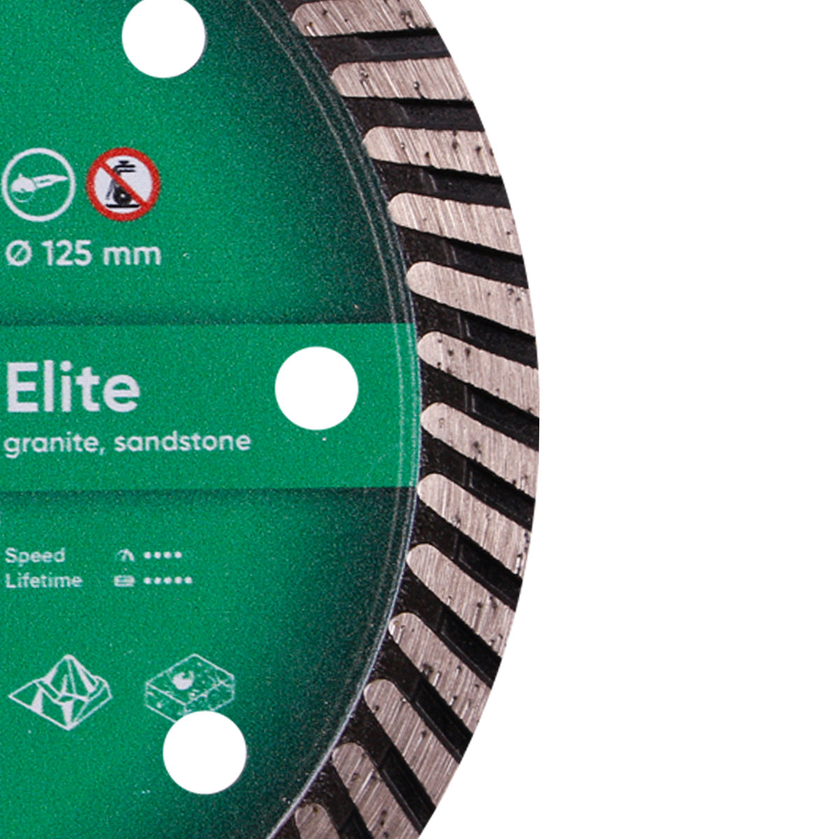 Diamond cutting disc with green label and black and silver rim on a white background