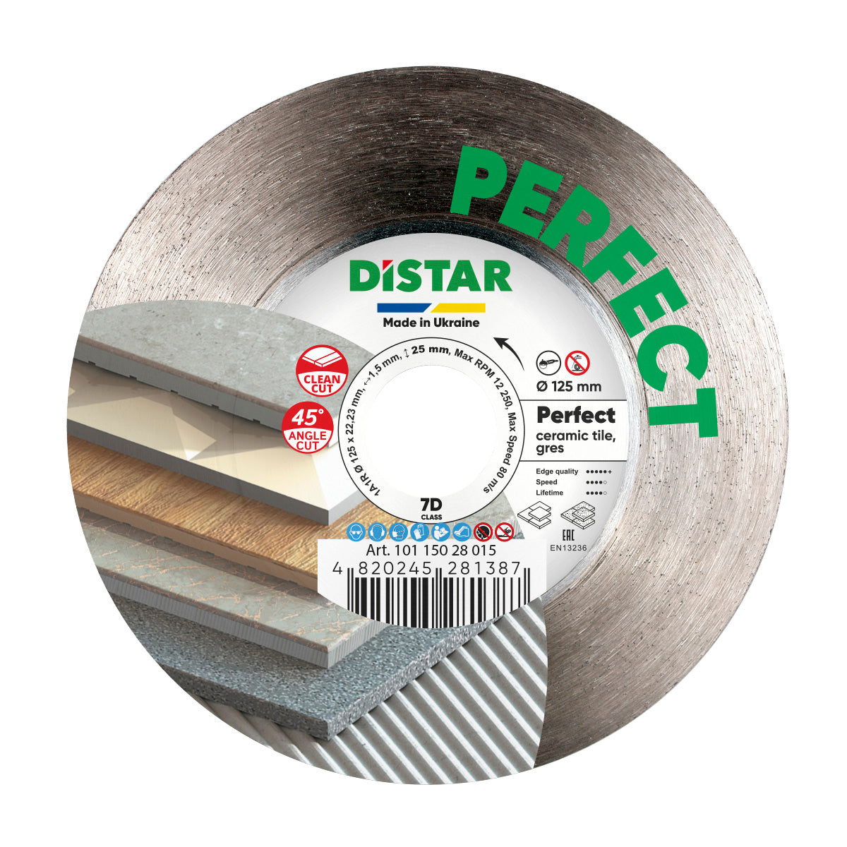 A diamond cutting blade with the brand name Distar, marked as perfect ceramic tile blade, with a diameter size of 115/125mm and a bore diameter of 22.23mm.