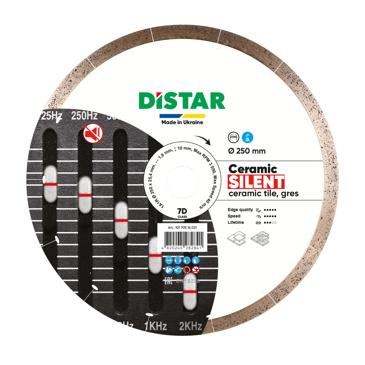 Diamond cutting blade for ceramic tiles, showing the blade itself, its size, 250 mm diameter, and packaging with technical details.