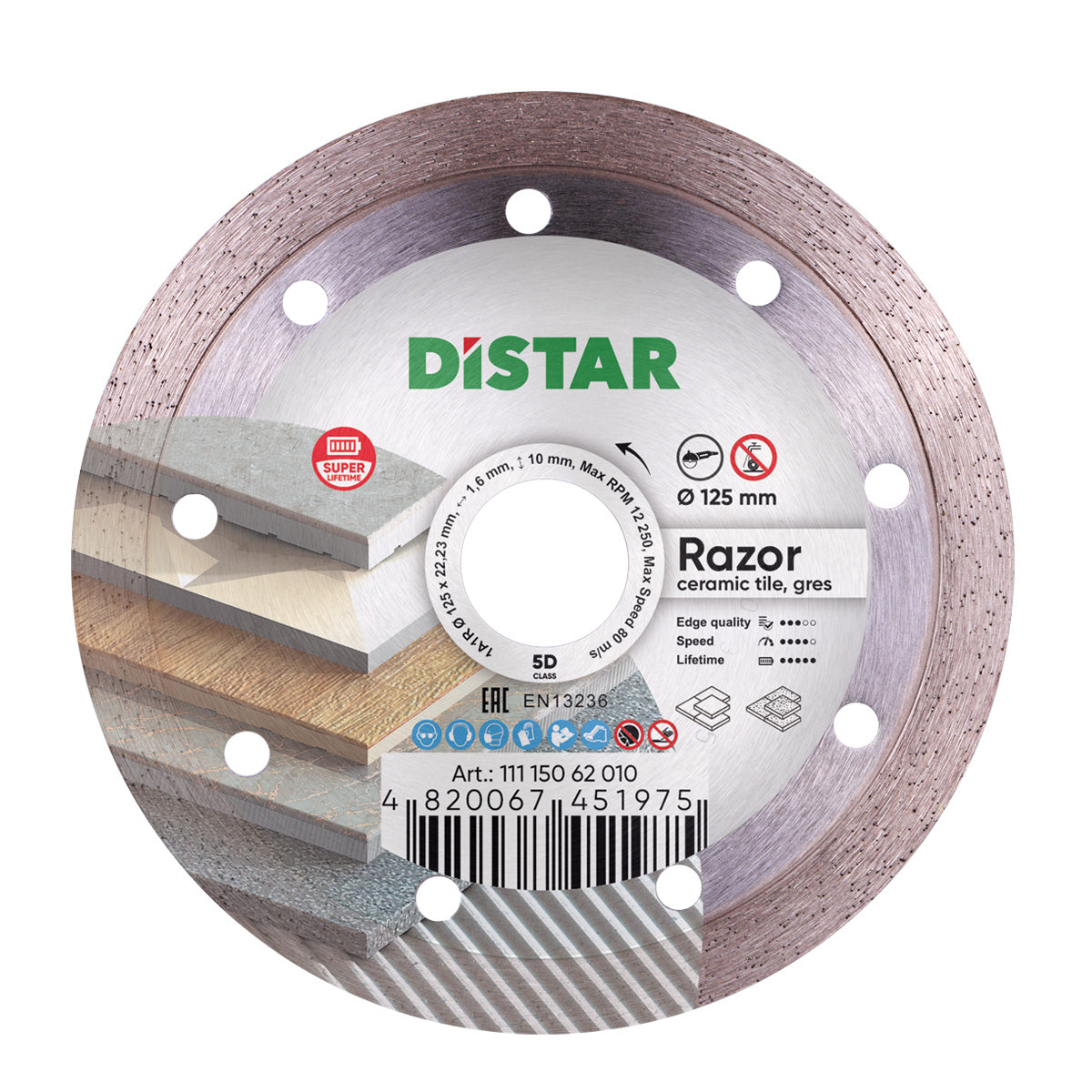 A DISTAR brand diamond cutting disc, with a label indicating it is suitable for cutting ceramics and tiles, has a diameter of 125mm, and a barcode visible.