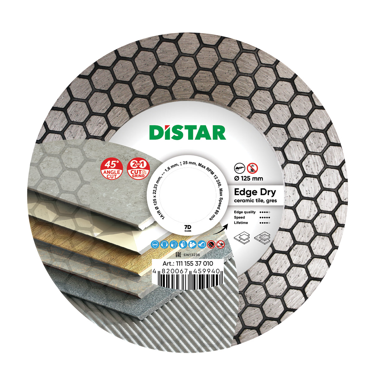 A diamond blade with a honeycomb layer pattern, labeled 'DiSTAR', designed for cutting ceramic tiles at a 45-degree angle, with specifications mentioned as 125 mm diameter and 22.2 mm bore diameter.
