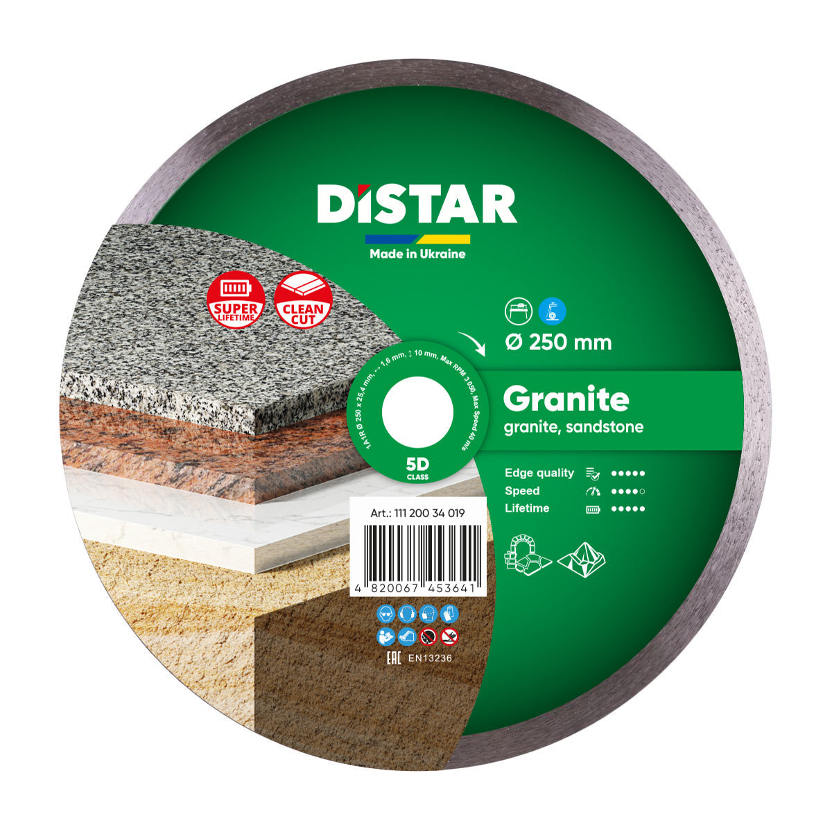 Distar diamond cutting disc for granite with green label and product details.