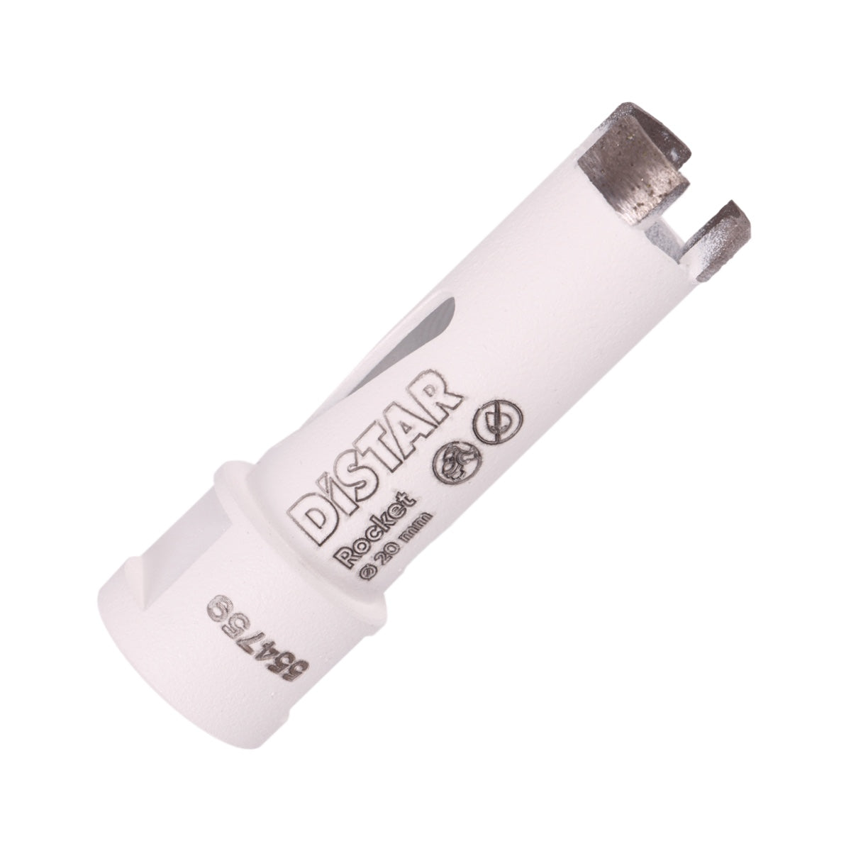 A white segmented diamond drill bit with the brand name Distar written on it.