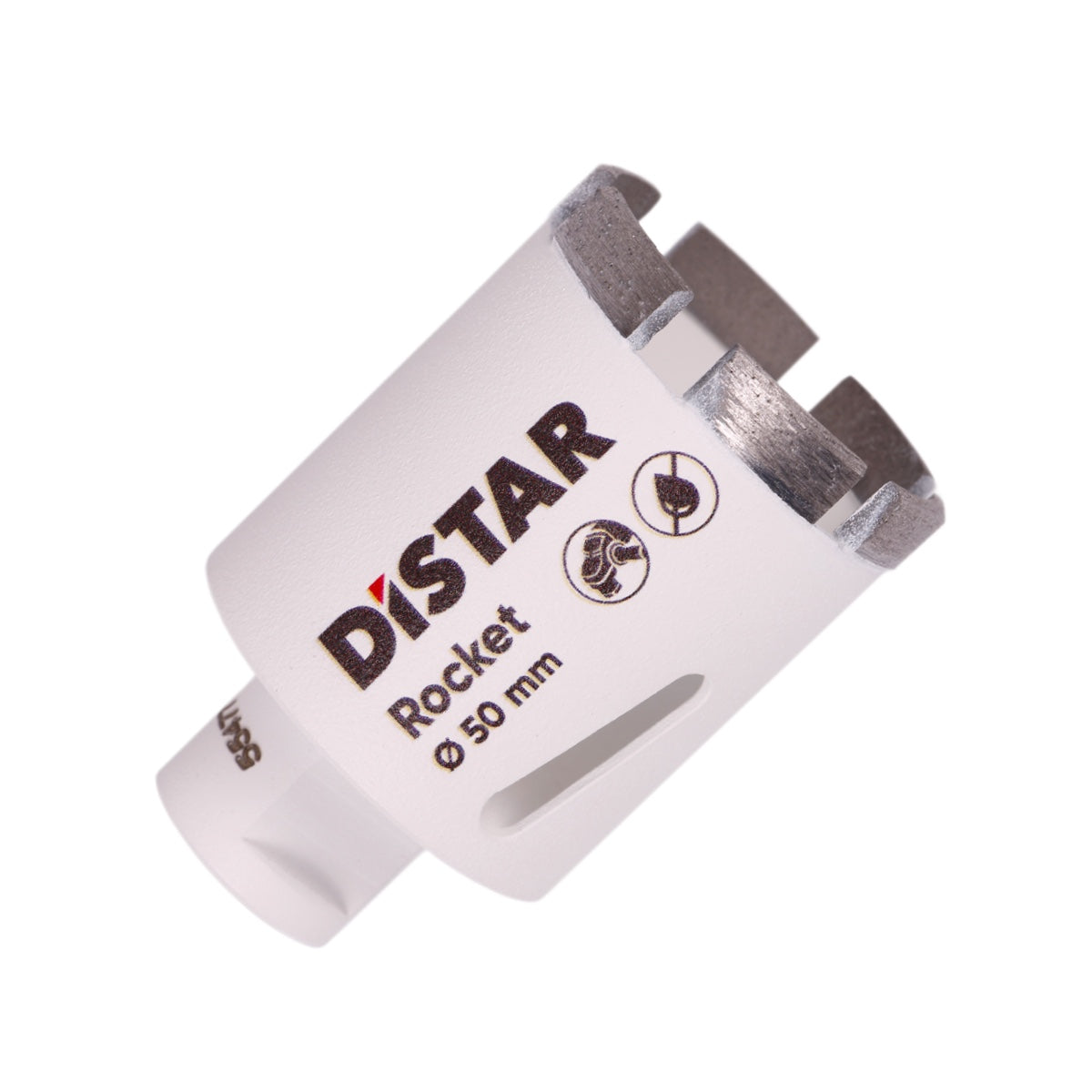 A white segmented diamond drill bit with the brand name Distar written on it.