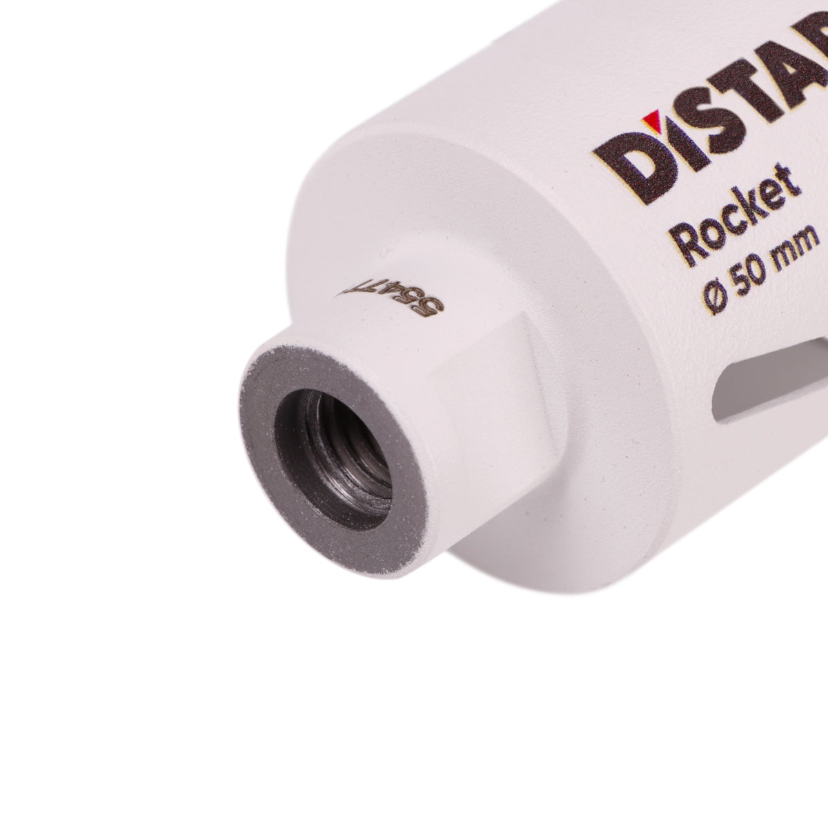 Close-up of a white cylindrical object with 'DISTAR' branding on a white background
