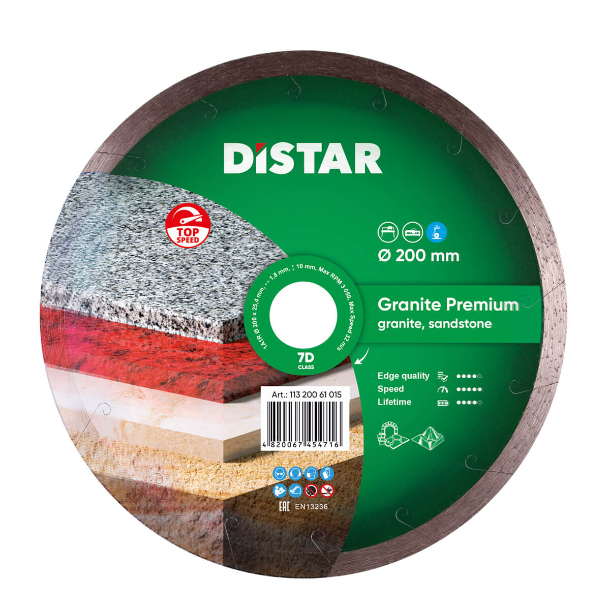 Distar diamond blade for granite and sandstone with green label and brand logo.