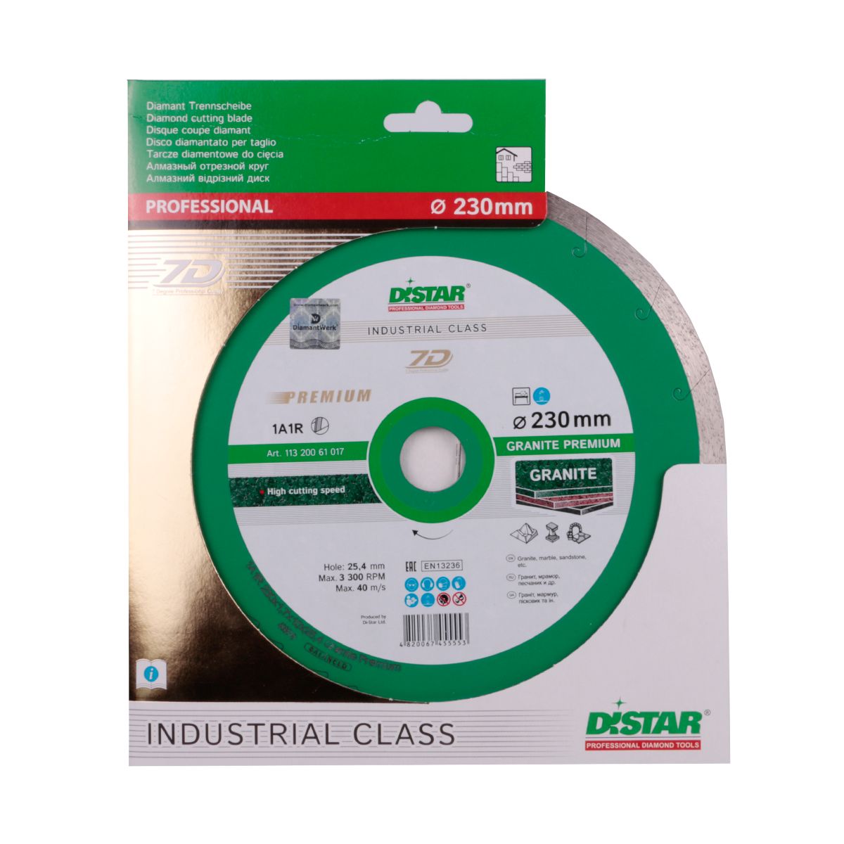 Diamond cutting disc packaging with green and white design on a white background