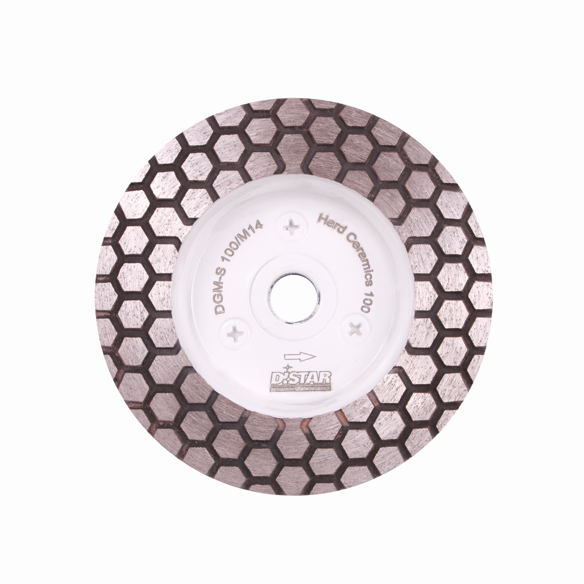 Diamond grinding wheel with a hexagonal pattern, white and gray in color, with the brand name 'Distar' visible.