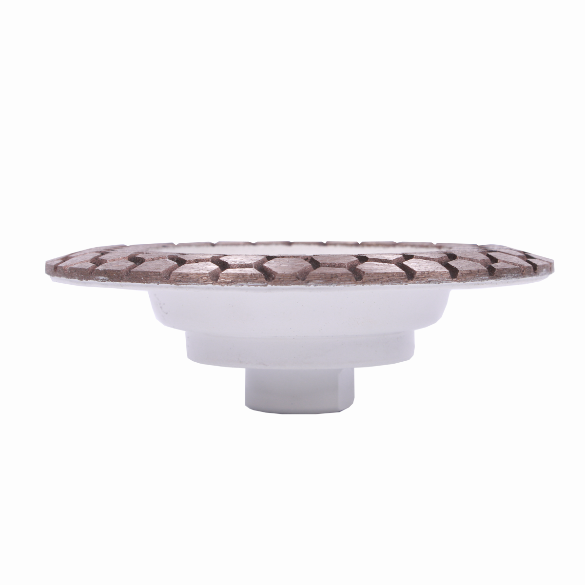 Round white dish with a decorative brown rim on a white background