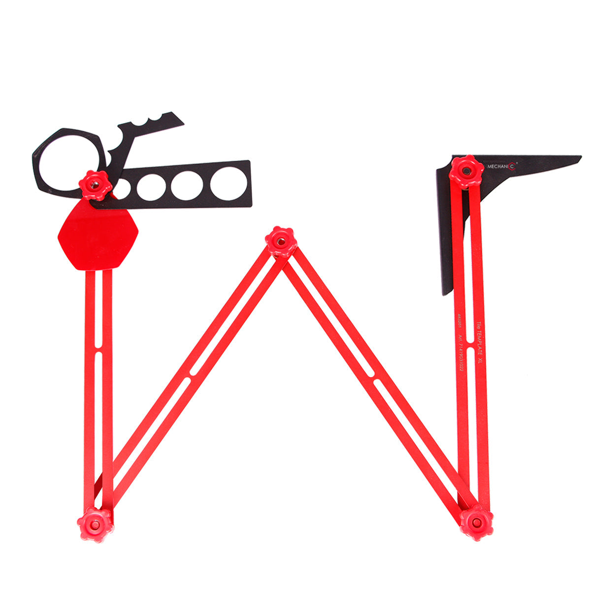 A red tile marking tool with a metallic part and adjustable components, designed for marking holes for sockets, pipes, and other elements on tiles.