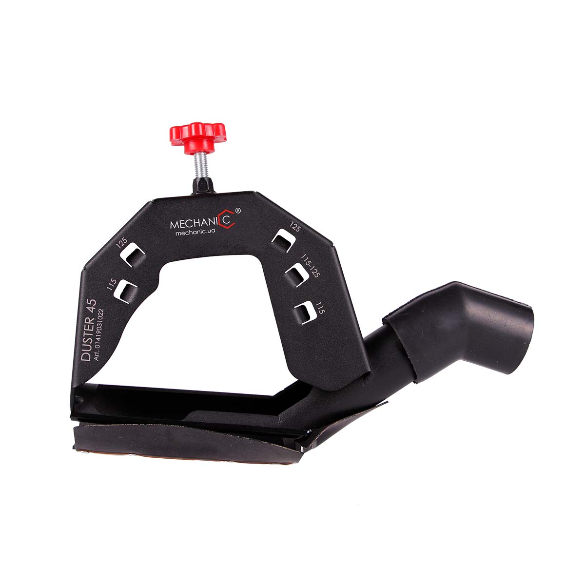 A black angle grinder dust extraction guard with a red adjustment knob and label reading 'MECHANIC 45'.