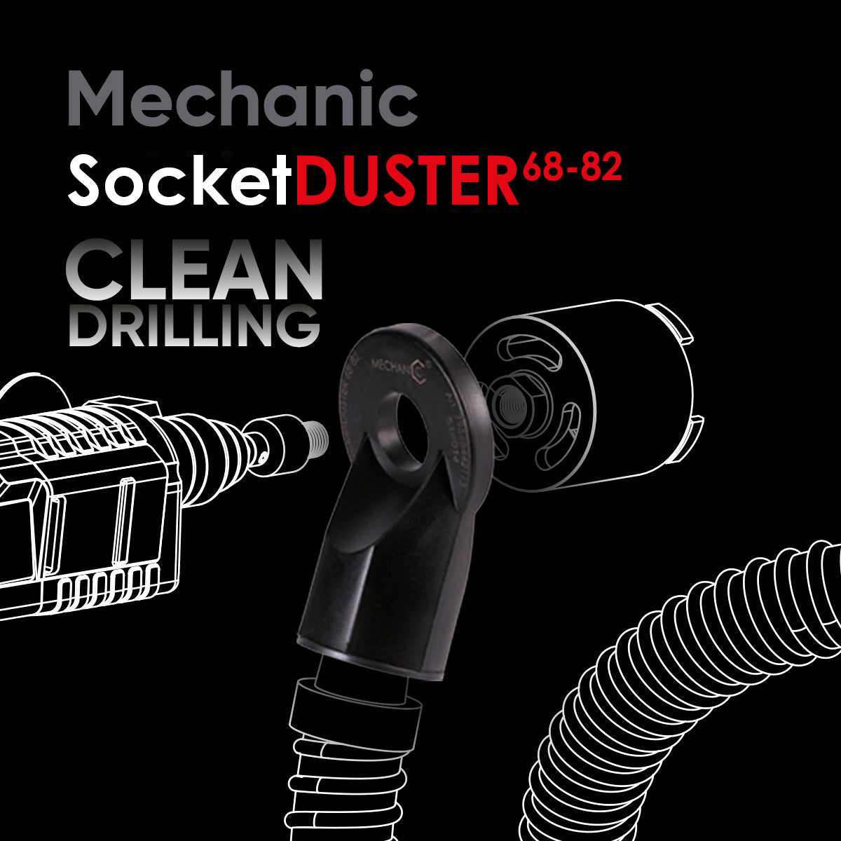 Mechanic Socket Duster product with text and illustrations on a black background