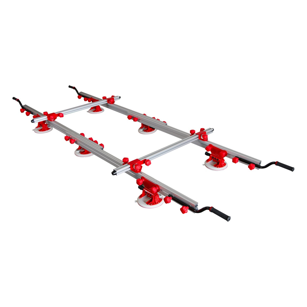A large format tile slabs carrying tool with red suction cups and aluminum structure, including vacuum suction cups, telescopic aluminum profiles, and handles.