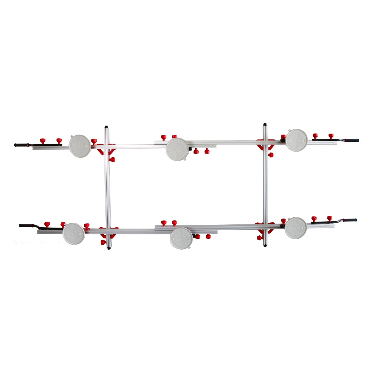 Modern wall clock with white circles and red accents on a white background