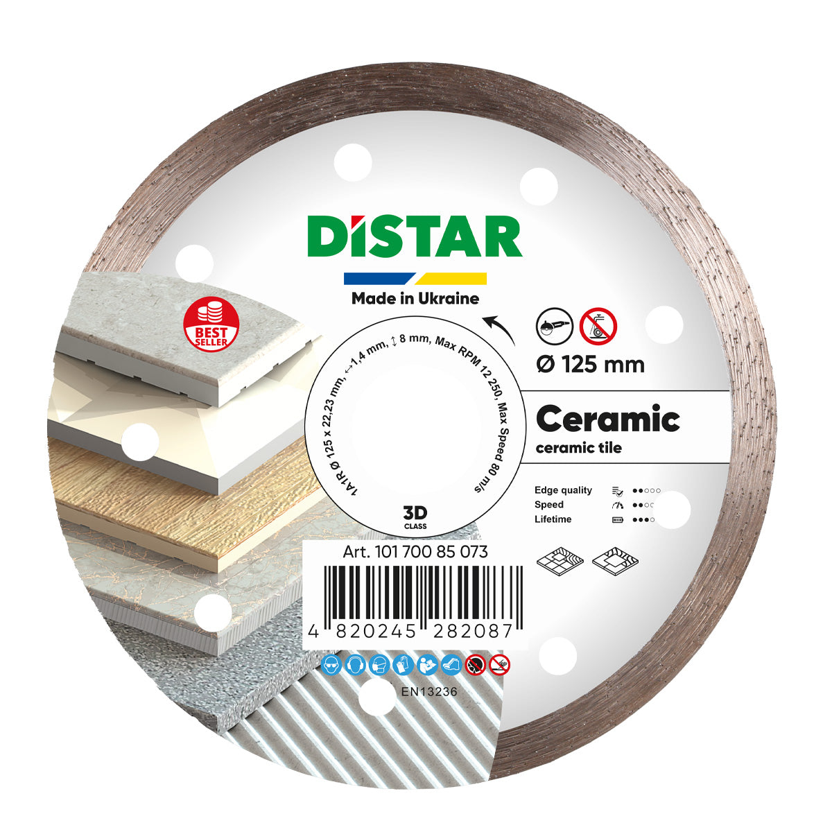 Diamond cutting blade for ceramic tiles, with a size of 125 mm, made by Distar, Ukraine.