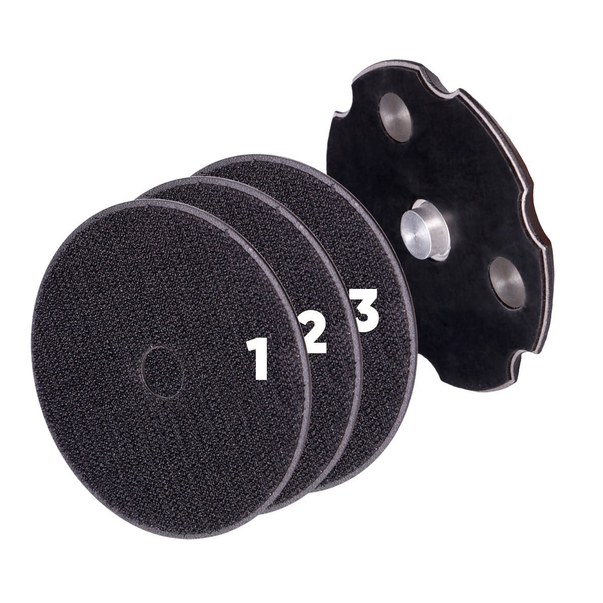 A set of black polishing discs numbered 1, 2, 3, along with a black angle grinder base with a silver-colored knob on top.
