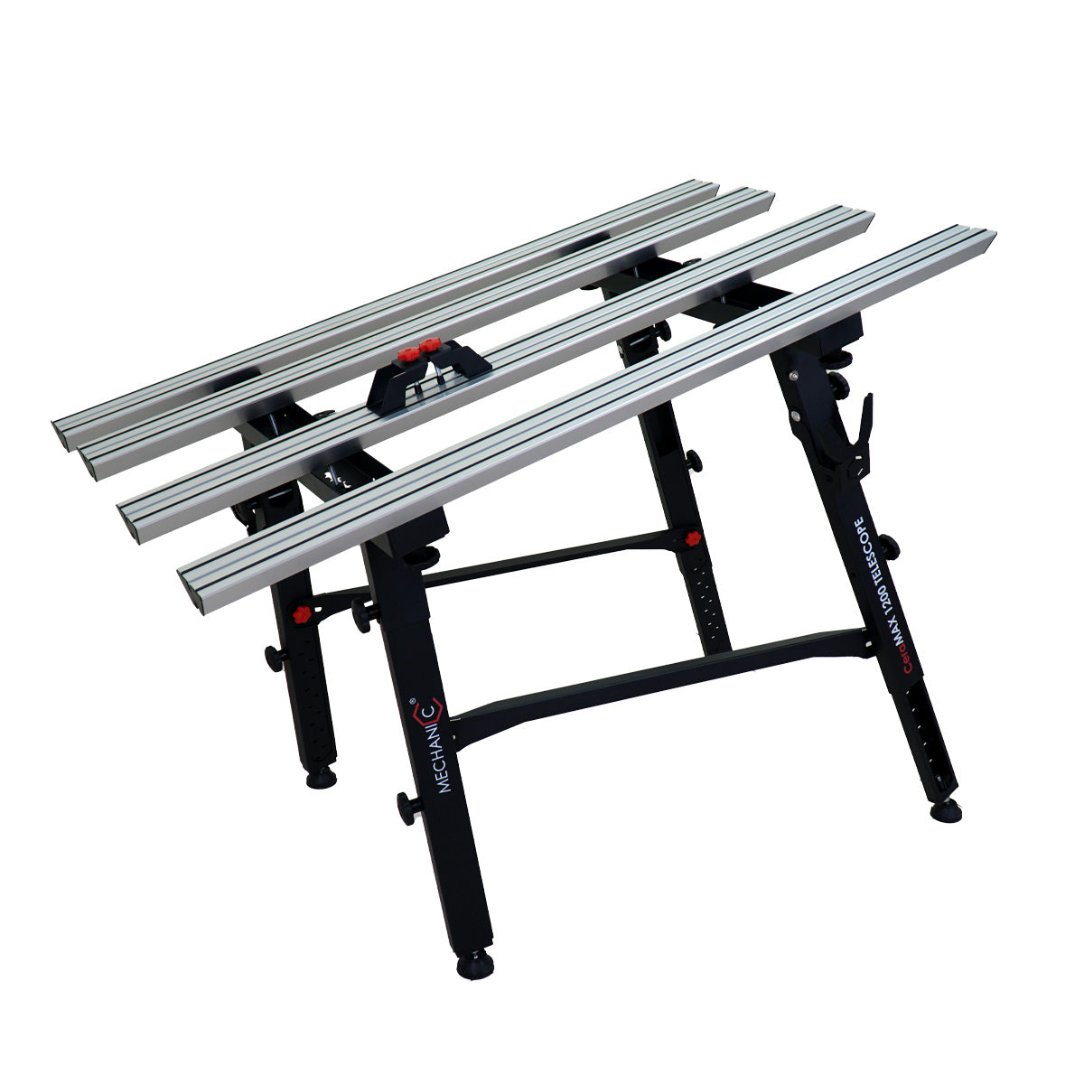 Table saw with multiple extension wings on a white background