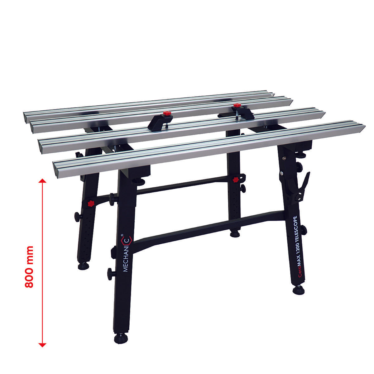 Adjustable workbench with metal extensions and a measurement indicator on a white background