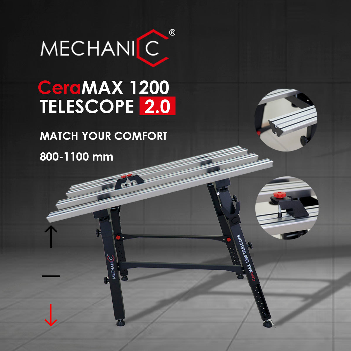 Mechanic CeraMAX 1200 Telescope 2.0 with adjustable height on a gray background