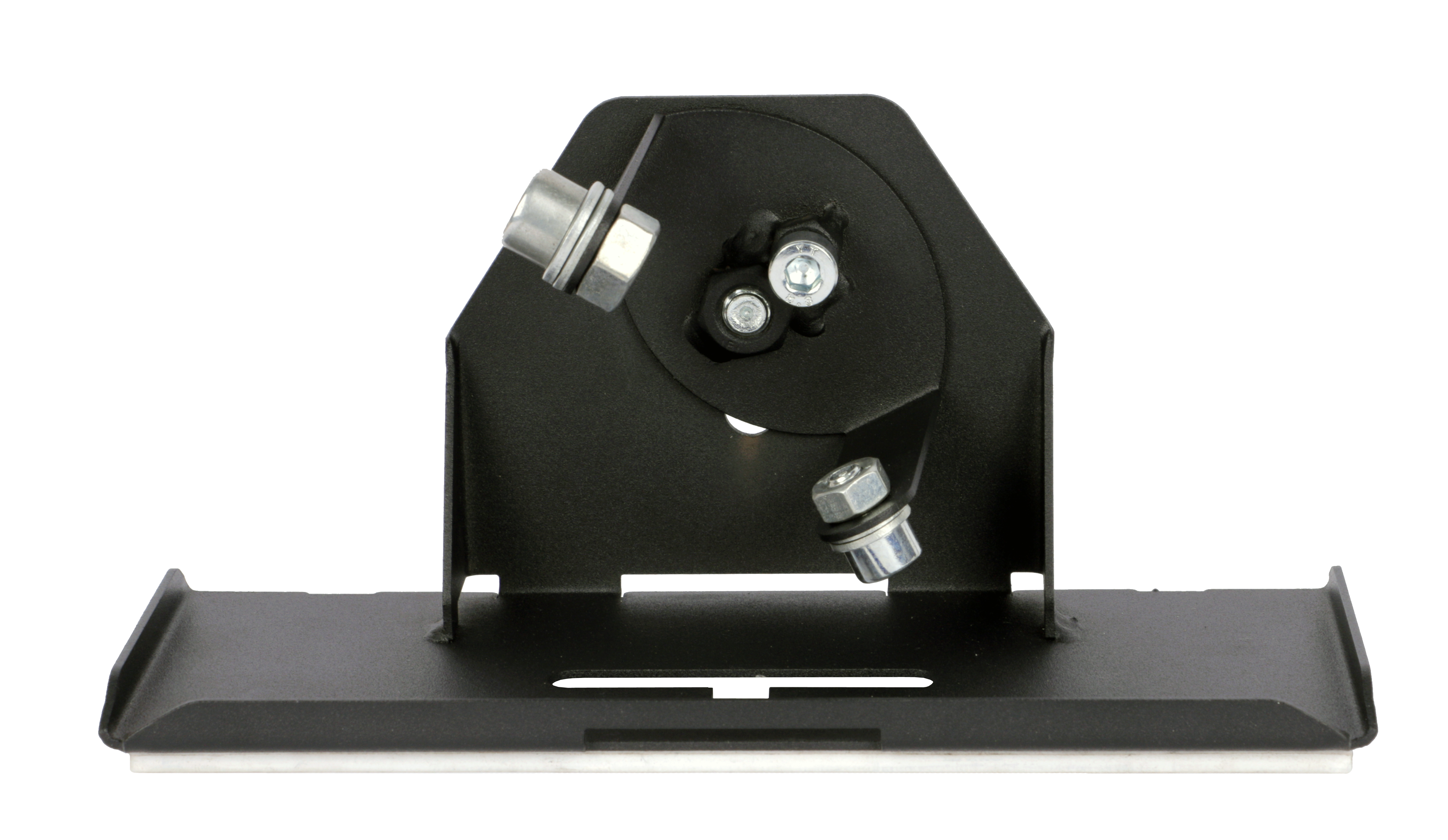 Black metal bracket with screws on a white background